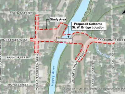 Map indicating the study area for the Colborne Street bridge project