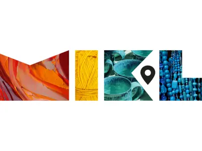 Graphic of letters MIKL, with photos of artwork or supplies making up each letter. The letters are each a different colour.