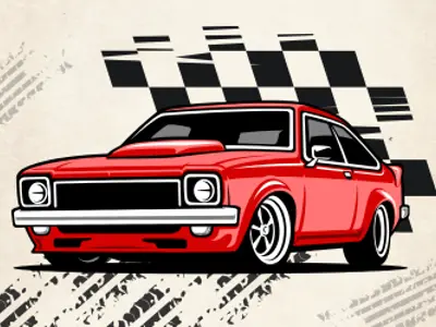 Graphic of a red classic car with racing checks behind it.