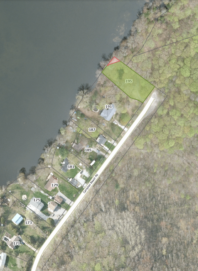 Aerial map of the shoreline road allowance adjacent to 195 Campbell Beach Road