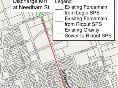 A map indicating the exisitng Logie St and Ridout St Sewage Pumping Stations