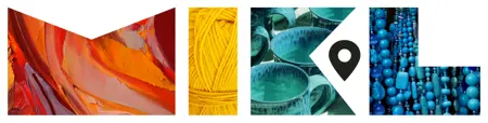 Graphic of letters MIKL, with photos of artwork or supplies making up each letter. The letters are each a different colour.