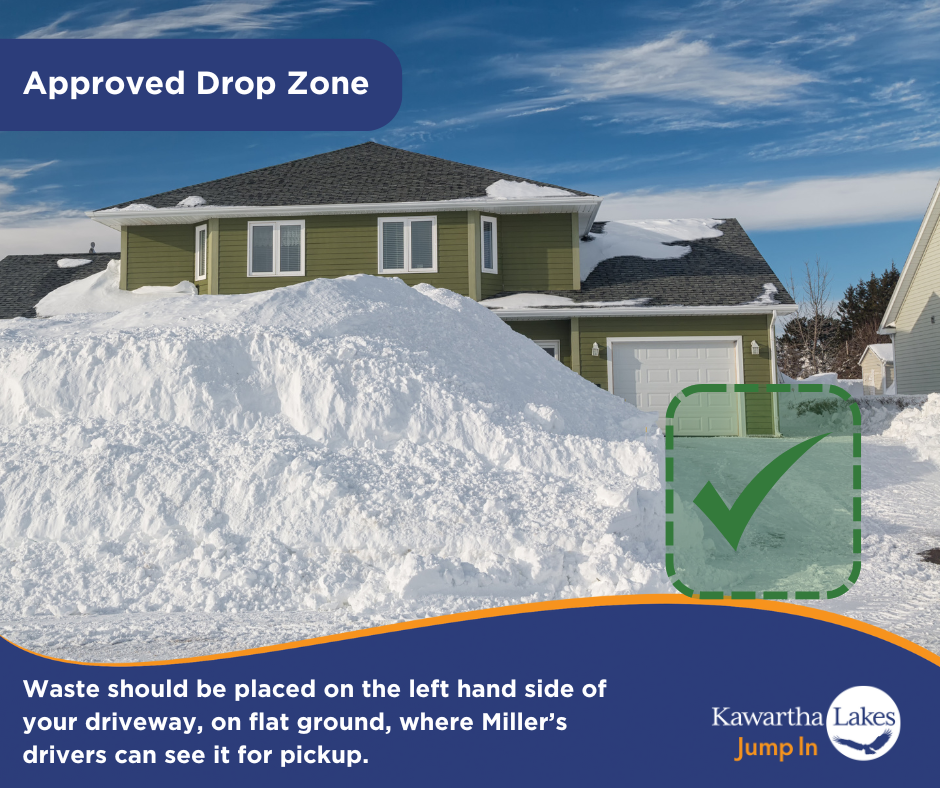 House with a snow bank out front with a green check mark on flat ground beside the drive way