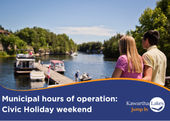 Civic holiday weekend graphic with a couple over looking a busy dock on a lake