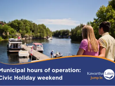 Civic holiday weekend graphic with a couple over looking a busy dock on a lake