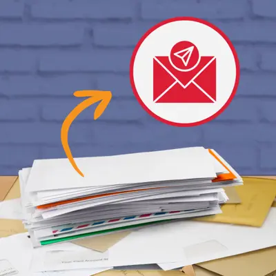 Photo of a messy pile of paper envelopes on a table. Graphics above a stack of envelopes show an arrow pointing to an icon symbolizing email or electronic billing.