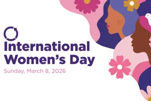Pink and purple graphic of women's profiles. Purple text on a white background reads 'International Women's Day,' with 'March 8, 2026,' below it in pink.