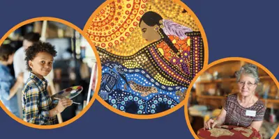 Photo compilation with dark blue background. Three circular photos have a yellow border. 1. Photo of a boy painting at an easel. 2. Photo of indigenous artwork. 3. Photo of woman hand-stitching a quilt.