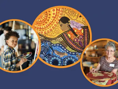 Photo compilation with dark blue background. Three circular photos have a yellow border. 1. Photo of a boy painting at an easel. 2. Photo of indigenous artwork. 3. Photo of woman hand-stitching a quilt.