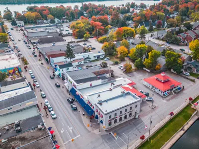 Aerial photo of a downtown area, showing businesses along a main street.