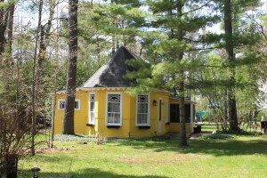 Small historic wooden cottage surrounded by trees