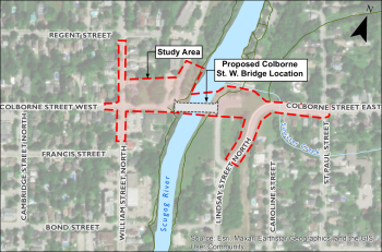 Map indicating the study area for the Colborne Street bridge project