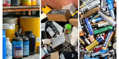 household solvents on a shelf, bird's eye view of a dump bin and a pile of batteries in a collage
