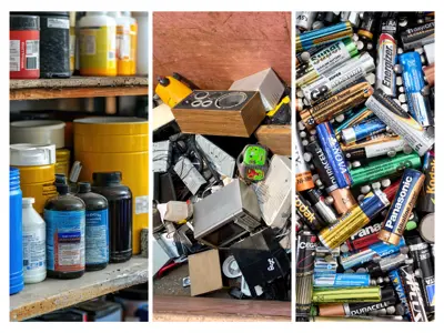 household solvents on a shelf, bird's eye view of a dump bin and a pile of batteries in a collage