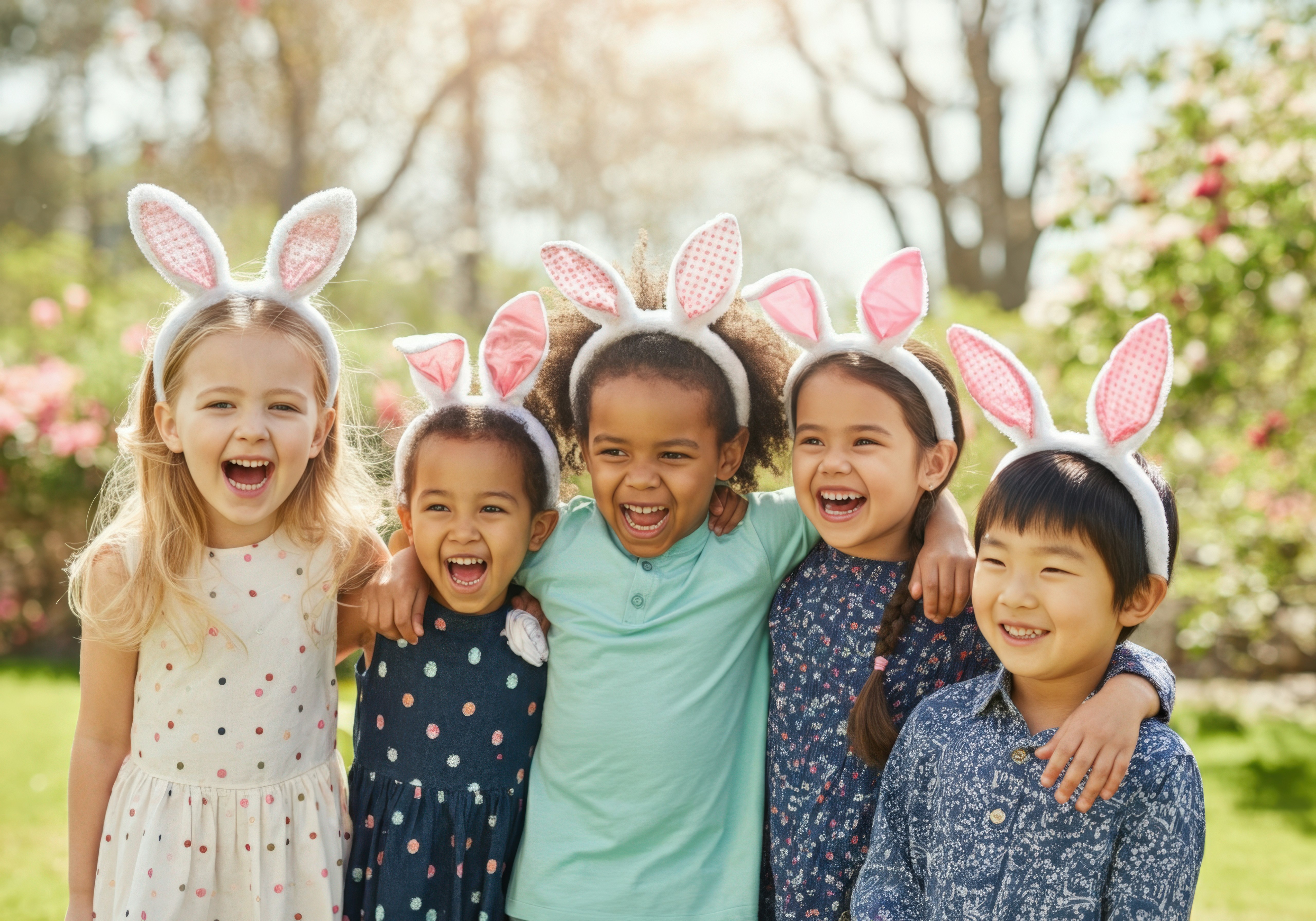 Kids laughing in the sunshine wearing bunny ears.