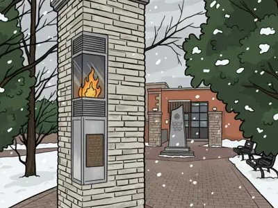 Graphic image of a commemorative flame burning in a pillar, in front of a red brick building. Snow is falling and green trees are in the background.