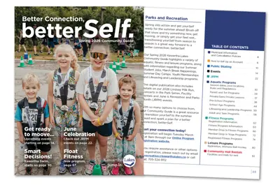 Image showing the front cover of the Kawartha Lakes Spring Guide and the Table of Contents page.