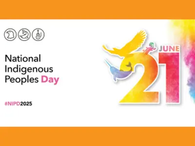 3 illustrations: an eagle representing First Nations, a narwhal representing Inuit, and a violin representing Métis. These illustrations are placed around the sun and surrounded by multicoloured smoke that represents Indigenous traditions, spirituality, inclusion and diversity.  English text: National Indigenous History Month #NIHM2025