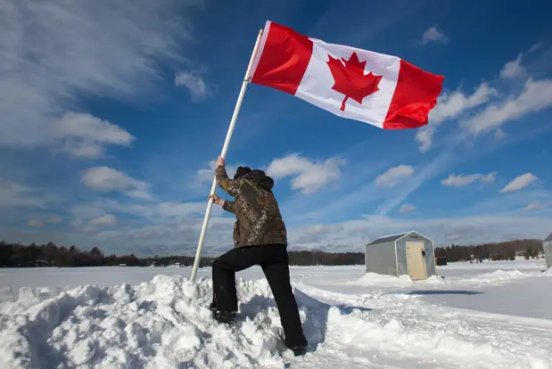 Ice fishing and Canada flag