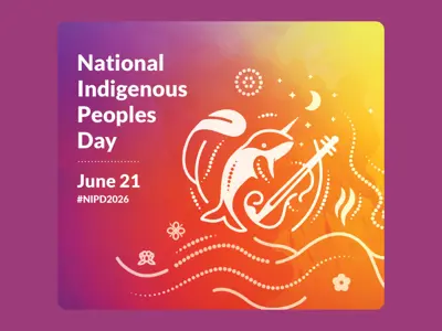 An image featuring intertwined symbols representing First Nations, Inuit and Métis: a feather, a narwhal and a fiddle. They appear in white against a vibrant gradient background evoking the warm light of the longest day of the year. Surrounding these central symbols are decorative elements illustrating other aspects of First Nations, Inuit and Métis cultures.  Text: National Indigenous Peoples Day June 21 #NIPD2026