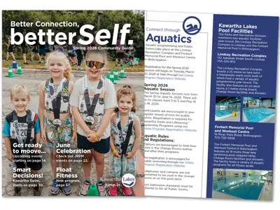Image showing the front cover of the Kawartha Lakes Spring Guide and the Aquatics title page.