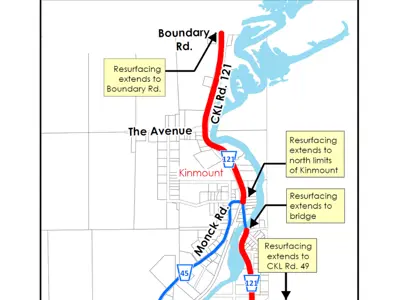 Line map of Kinmount area showing a red line where the road construction will take place crossing over a body of water