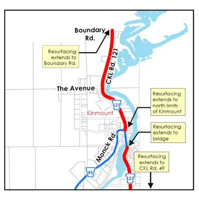 Line map of Kinmount area showing a red line where the road construction will take place crossing over a body of water