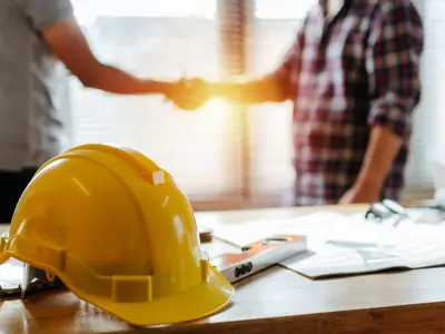 In the foreground: a yellow construction helmet; in the background, two men shake hands