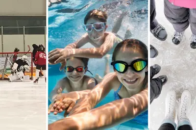 kids playing hockey, swimming and skating
