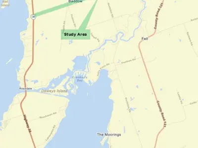A Google style map of Fenelon Falls with an arrow pointing to Concession Road 3