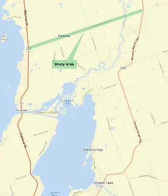 A Google style map of Fenelon Falls with an arrow pointing to Concession Road 3