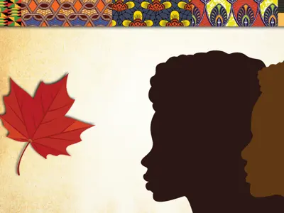 Image featuring silhouettes of two profiles with a red maple leaf, set against a textured background with colourful patterns.