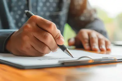 Close up of hand holding a pen and writing on a paper on a clipboard.