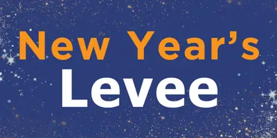 Graphic with text reading 'New Year's Levee.' Background is blue with silver and gold sparkle elements.