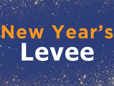 Graphic with text reading 'New Year's Levee.' Background is blue with silver and gold sparkle elements.