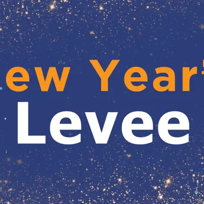Graphic with text reading 'New Year's Levee.' Background is blue with silver and gold sparkle elements.