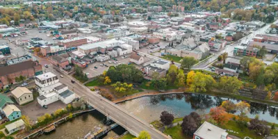 Aerial view of town with water and roads