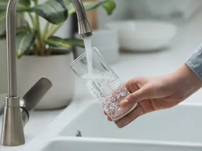 Woman filling glass with water from tap in kitchen, closeup