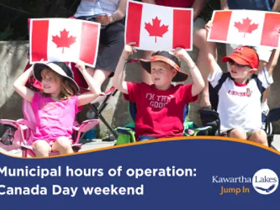 Canada Day municipal hours of operation graphic with three children watching a parade while holding Canadian flag signs