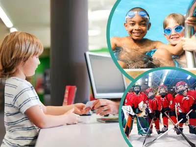 child handing in membership at front desk with an image of swimming and an image of youth hockey activities.