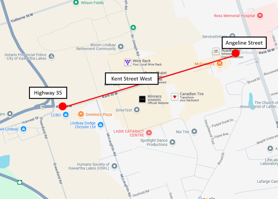 Map indicating the construction zone on Kent street between Highway 35 and Angeline Street