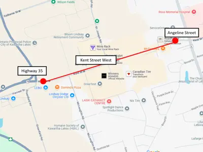 Map indicating the construction zone on Kent street between Highway 35 and Angeline Street
