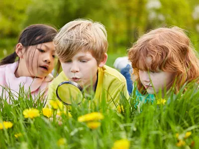 kids discovering bugs in a field with a magnifying glass.