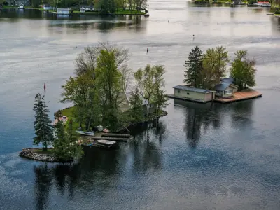 Aerial view of islands with cottages and trees