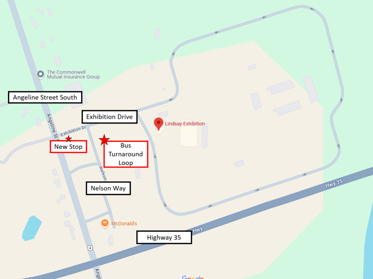 Map indicating the new stop for the Red Route on Exhibition Drive and Angeline Street South