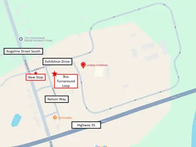 Map indicating the new stop for the Red Route on Exhibition Drive and Angeline Street South